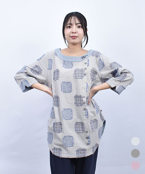 drug store's フリンジパッチワーク 飾りボタン 衿刺繍 7分袖 かぶりシャツ