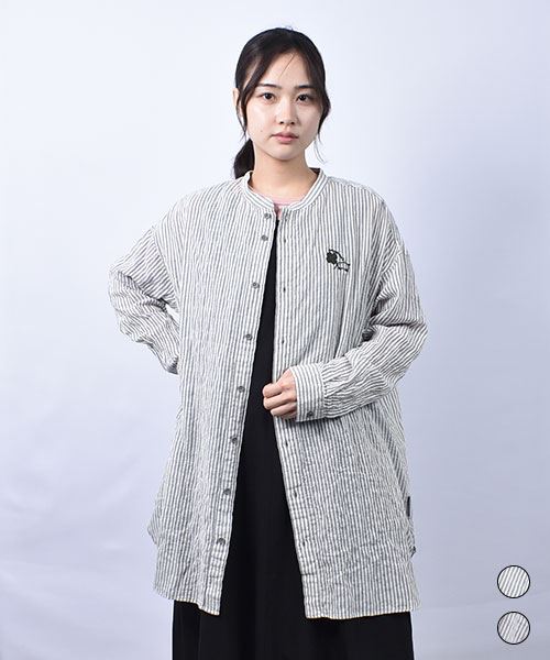 drug store's スタンドカラー ストライプ ブタ刺繍 ロング BIG シャツ