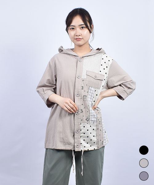 drug store's C/Lキャンバス 裾ドロスト 半身ハギハギ 7分袖 パーカー