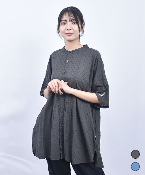 drug store's インド綿 立衿 ロング BIG ピンタックシャツ