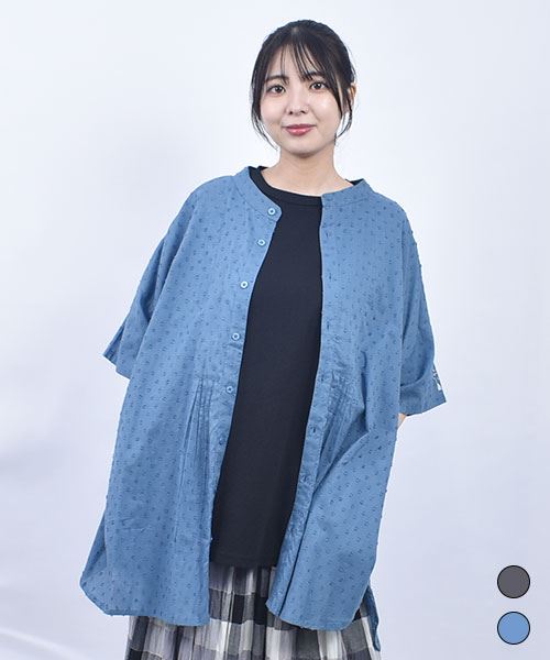 drug store's インド綿 立衿 ロング BIG ピンタックシャツ