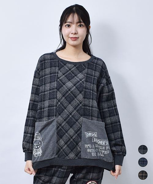 drug store's ハギハギ ポケットロゴ＆スタンディプリント チェック かぶりブラウス
