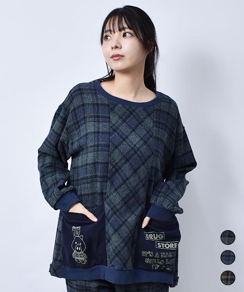 drug store's ハギハギ ポケットロゴ＆スタンディプリント チェック かぶりブラウス