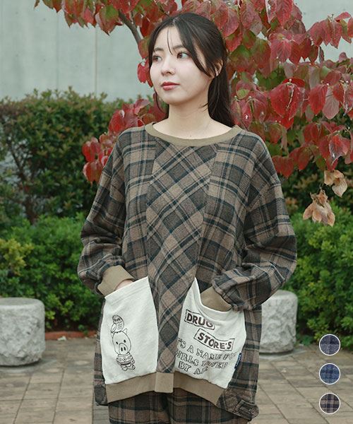 drug store's ハギハギ ポケットロゴ＆スタンディプリント チェック かぶりブラウス