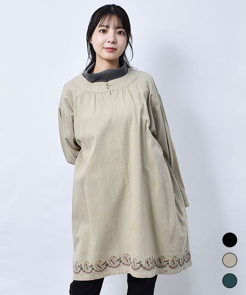 drug store's ピケシャンブレー起毛 衿ぐり 裾刺繍 ギャザー チュニック