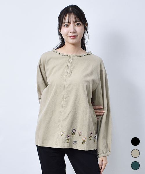 drug store's ピケシャンブレー起毛 フリル衿 花刺繍 ブラウス