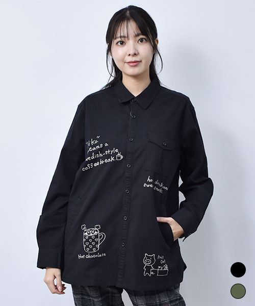 drug store's ひじ当てつき ロゴ＆ブタプリント シャツ