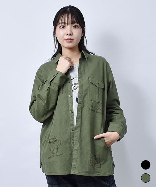 drug store's ひじ当てつき ロゴ＆ブタプリント シャツ