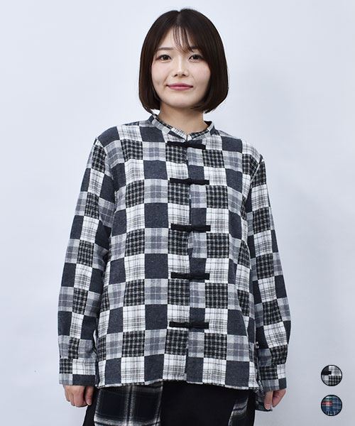 drug store's パッチワーク風チェック チャイナ レギュラーシャツ