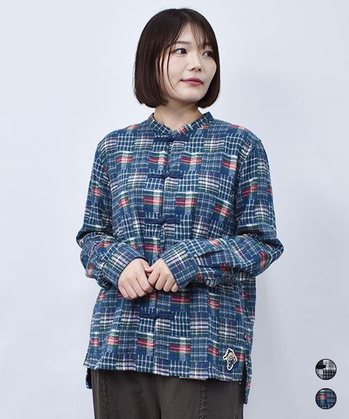 drug store's パッチワーク風チェック チャイナ レギュラーシャツ