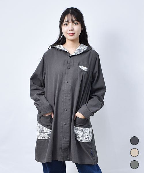 【パーカー】 総柄ハギハギ パーカー チュニック