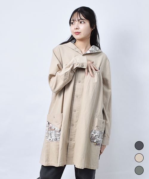 【パーカー】 総柄ハギハギ パーカー チュニック