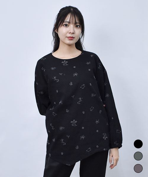 【ブラウス】 花刺繍 アシンメトリー ブラウス