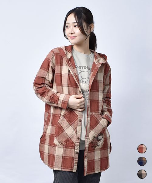 【パーカー】 刺し子チェック とんがりフード シャツ パーカー