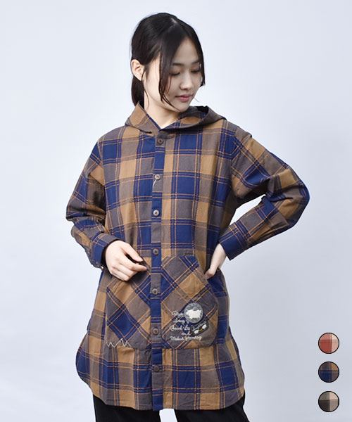 【パーカー】 刺し子チェック とんがりフード シャツ パーカー