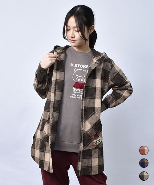 【パーカー】 刺し子チェック とんがりフード シャツ パーカー