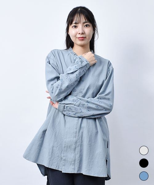 【シャツ】 フリル 刺繍 シャツ