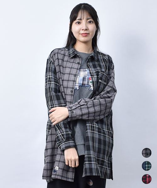【チュニック】 スリットチェック シャツ チュニック