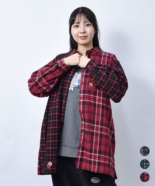 【チュニック】 スリットチェック シャツ チュニック