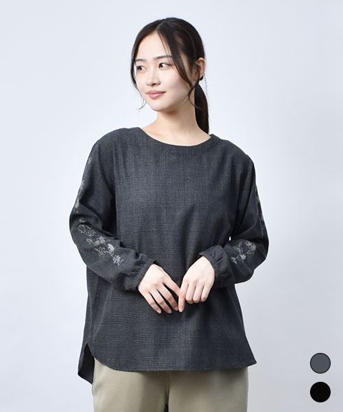 【ブラウス】 グレンチェック 刺繍 ブラウス