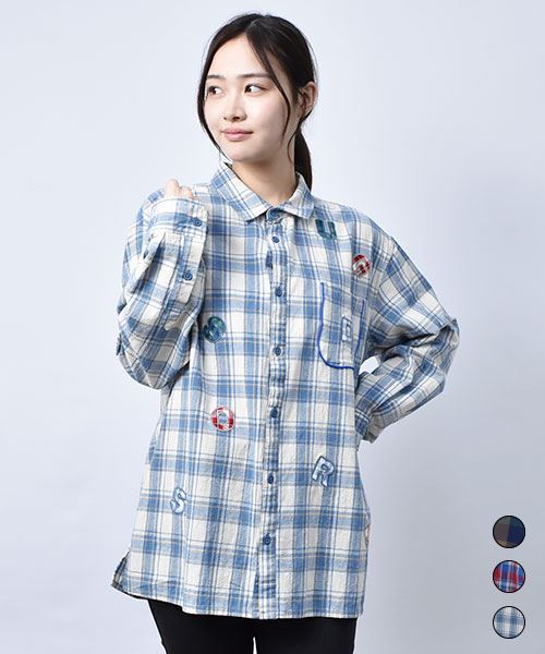 【シャツ】 ランダムワッペン チェック シャツ