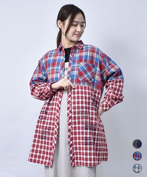【シャツ】 切替 ダブル チェック シャツ