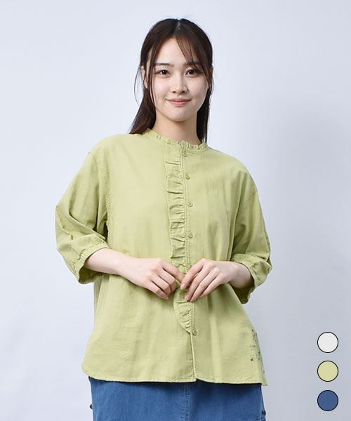 【シャツ】 7分袖 フリル デニム シャツ