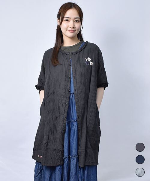 【チュニック】 ワッペン&フリル 5分袖 チュニック