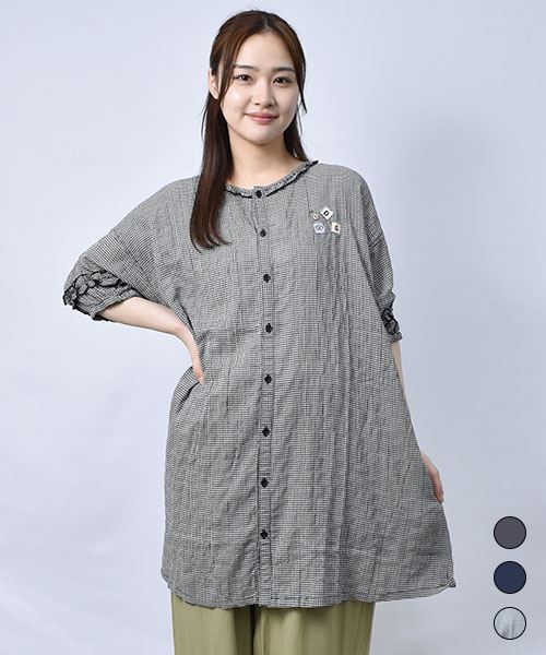 【チュニック】 ワッペン&フリル 5分袖 チュニック