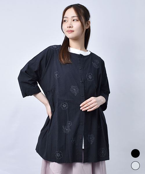 【シャツ】 花刺繍 切替 BIG シャツ