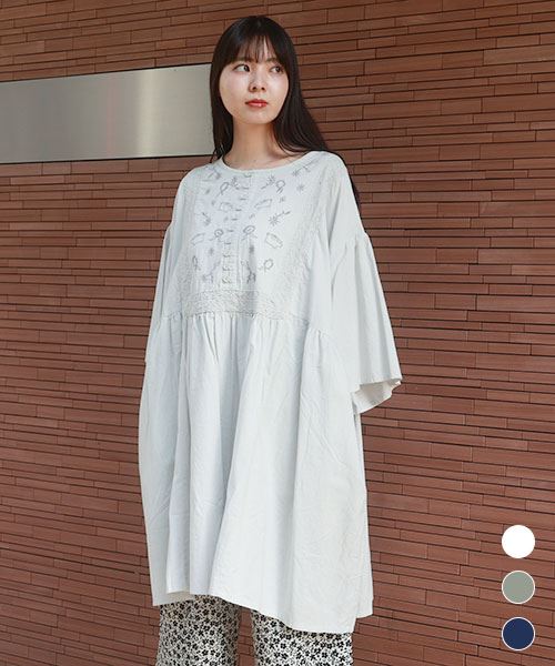 【チュニック】 ナチュラル 刺繍 フレア チュニック