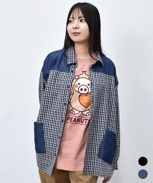 【シャツ】 サッカーチェック×デニム 切替 シャツ