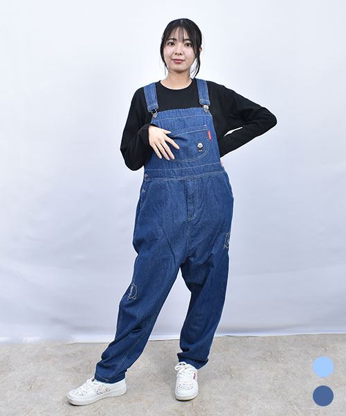 drug store's ライトデニム スタンディ刺繍 オーバーオール