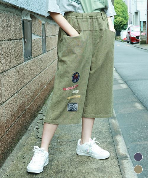 drug store's リネンポップサップ ブタ刺繍＆プリント ワッペンつき 膝下丈 パンツ