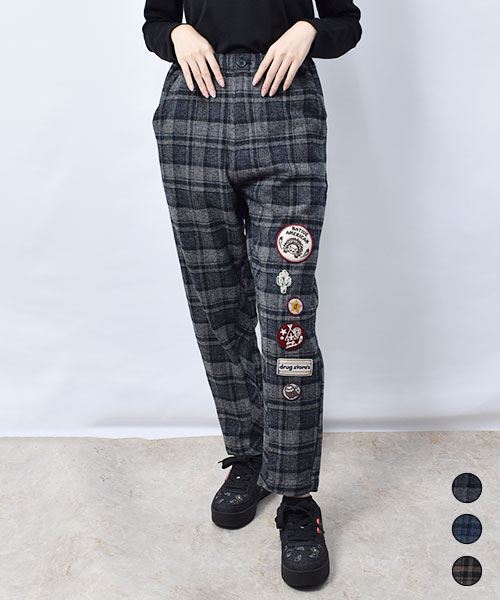 drug store's ワッペンつき 切替 チェック パンツ