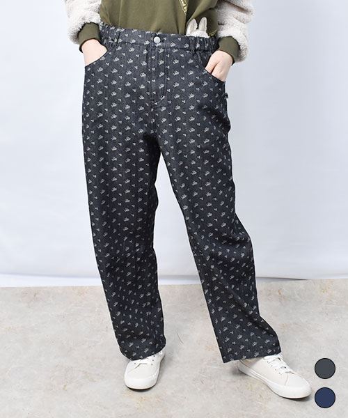 小花柄 デニム カーブパンツ