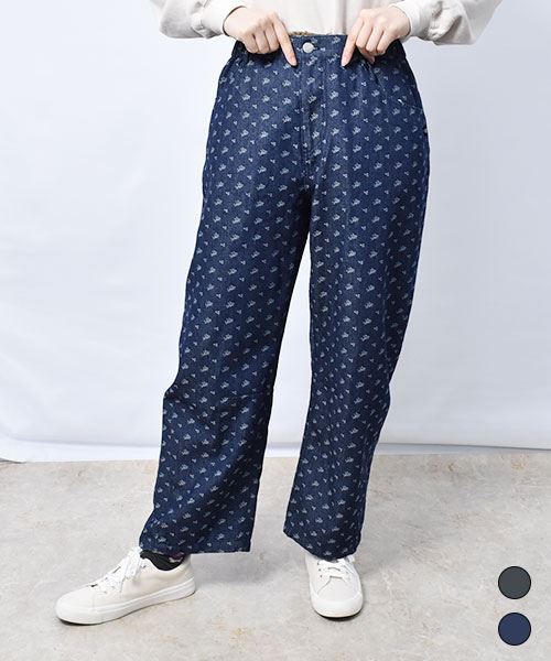 小花柄 デニム カーブパンツ