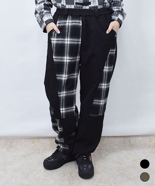 drug store's ロゴアップリケつき タテヨコ切替 チェック パンツ