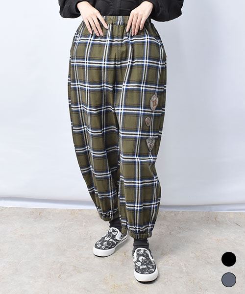 【パンツ】 チェック ワッペン パンツ