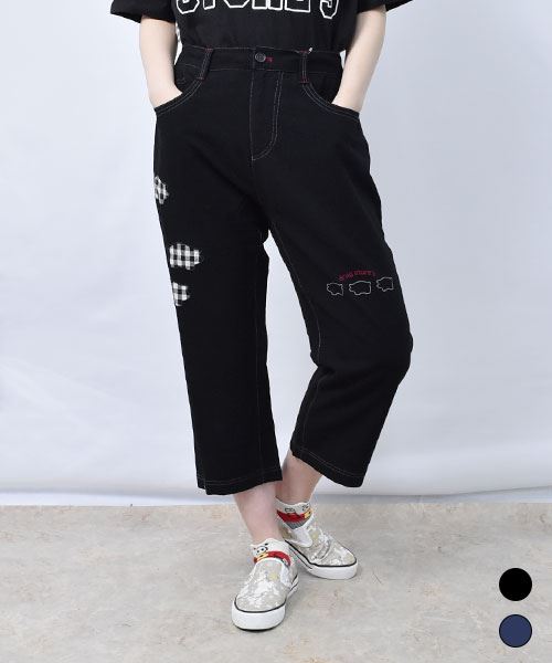 【パンツ】 チェックアップリケ 7分丈 パンツ