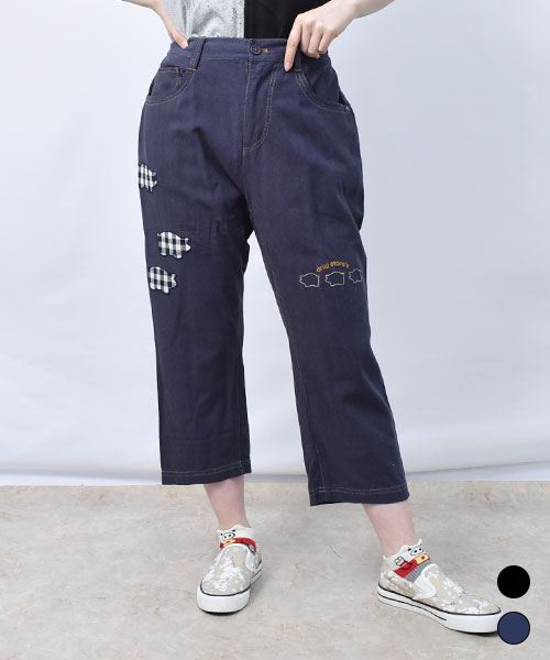 【パンツ】 チェックアップリケ 7分丈 パンツ