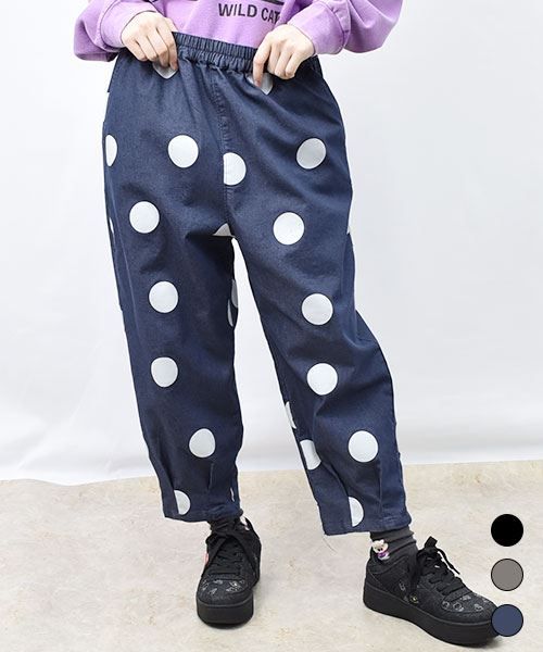 【パンツ】 BIGドット ストレッチツイル ワイドパンツ