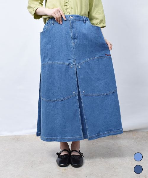 【スカート】 ロゴ刺繍 ストレッチデニム スカート