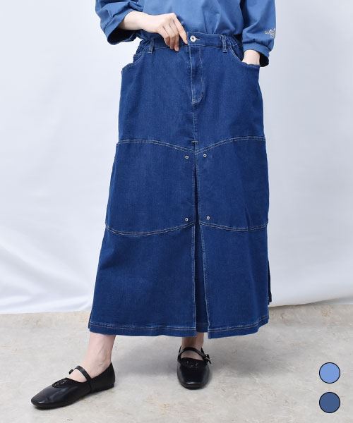 【スカート】 ロゴ刺繍 ストレッチデニム スカート