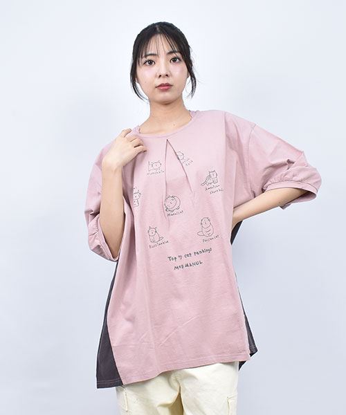 mof manul 衿レース ネコプリント フロントタック バック布帛切り替え 5部袖Tシャツ