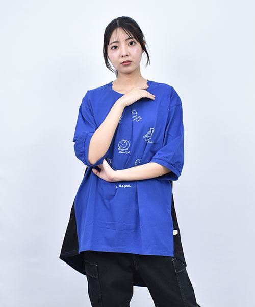 mof manul 衿レース ネコプリント フロントタック バック布帛切り替え 5部袖Tシャツ
