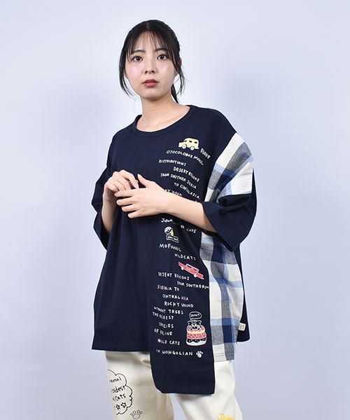 mof manul ロゴプリント チェック切り替え ヘムカット 5部袖Tシャツ