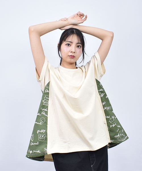 mof manul 脇布帛切り替え ロゴ＆ネコプリント AラインTシャツ