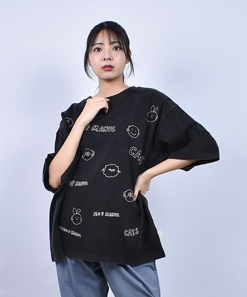 mof manul ロゴ＆動物刺繍 ドロップショルダー BIG5部袖Tシャツ