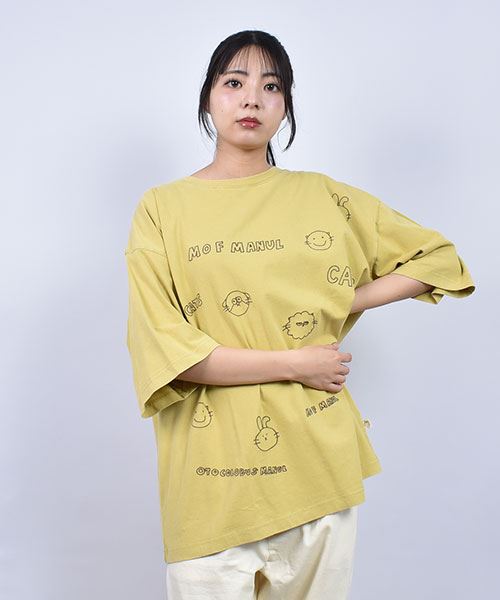 mof manul ロゴ＆動物刺繍 ドロップショルダー BIG5部袖Tシャツ